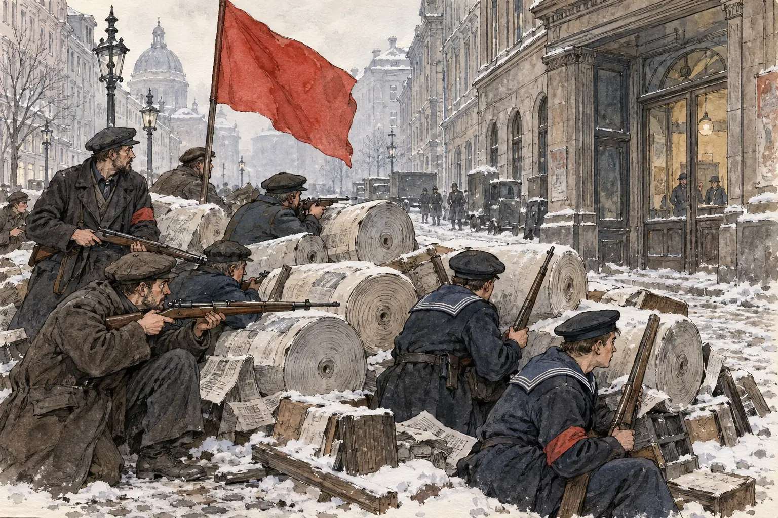 Spartacists hold a barricade of newsprint rolls in Berlin's newspaper district in January 1919