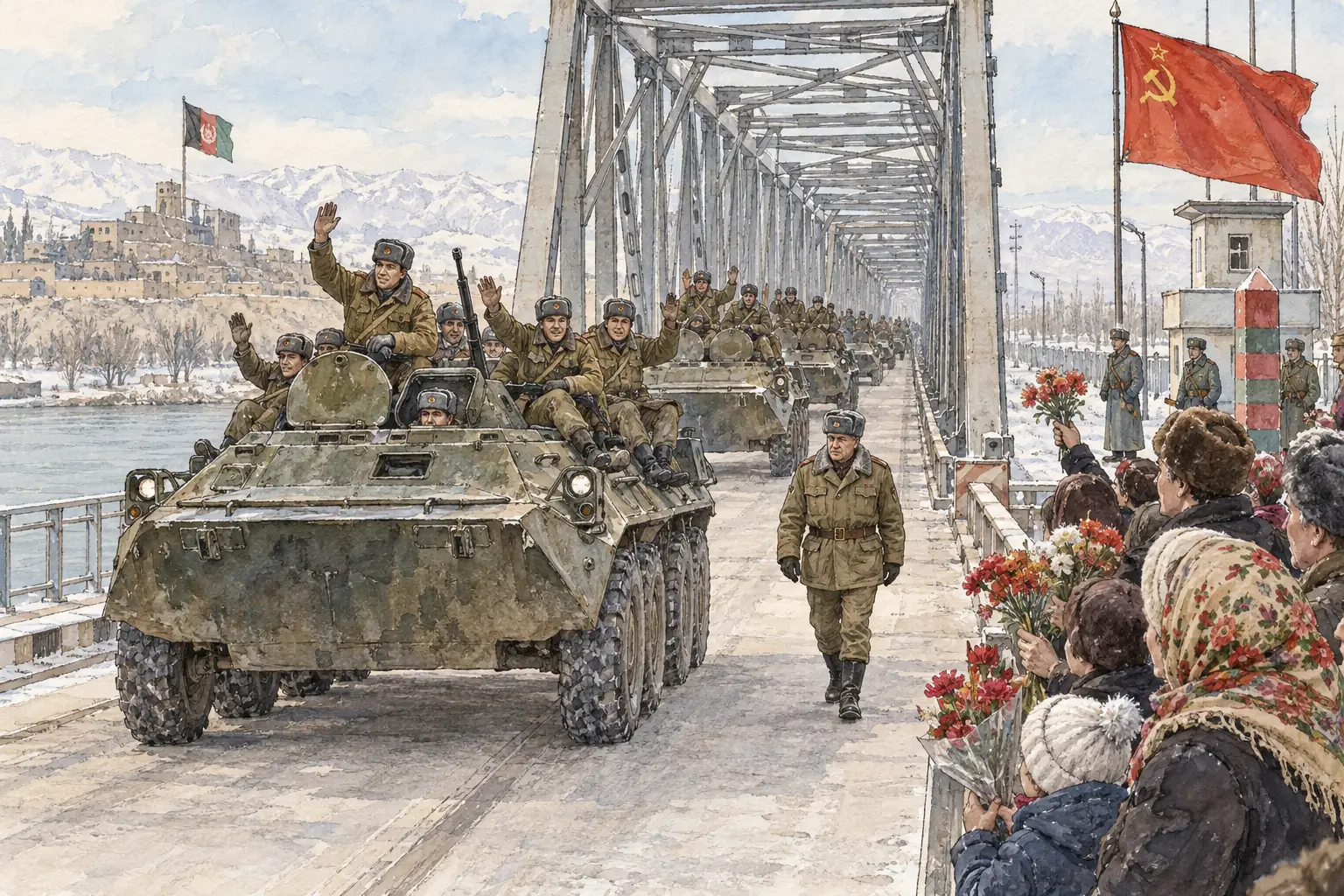 The last Soviet troops left Afghanistan across the Friendship Bridge on 15 February 1989