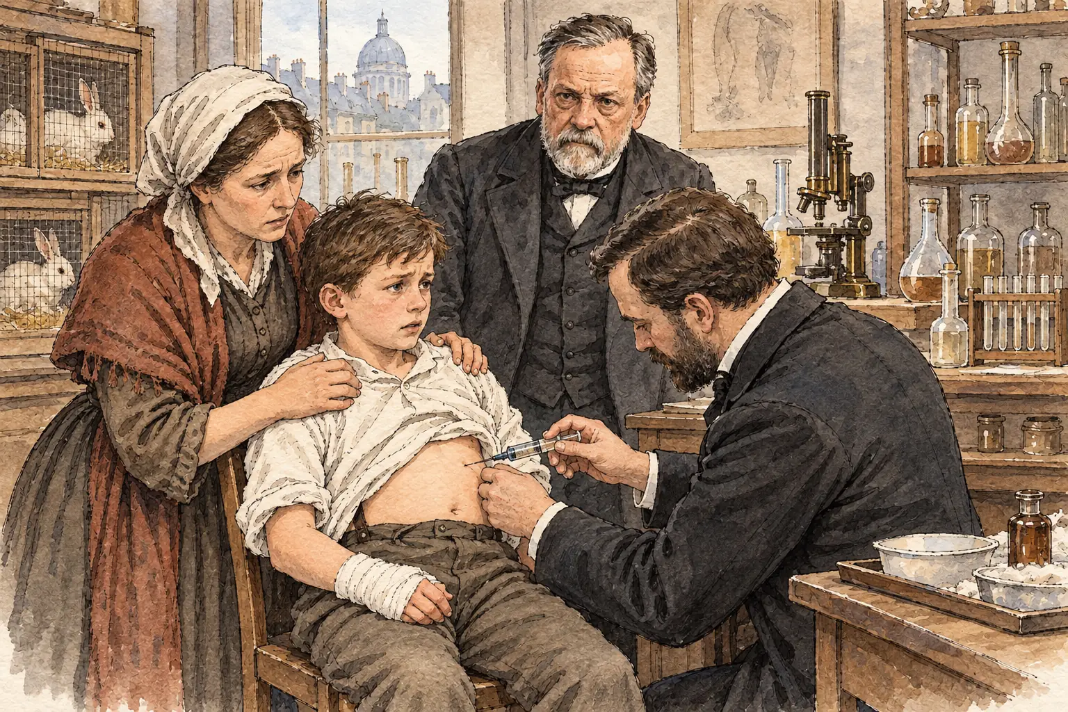 In 1885 his rabies vaccine, developed through experiments on rabbits, was first given to a person