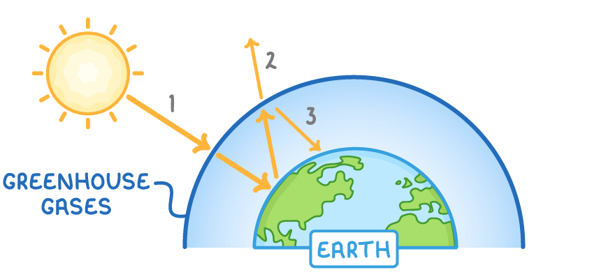 A sun shines on a globe labelled earth inside a blue dome labelled greenhouse gases; orange arrow 1 reaches the surface, arrow 2 leaves upwards, and arrow 3 turns back down.