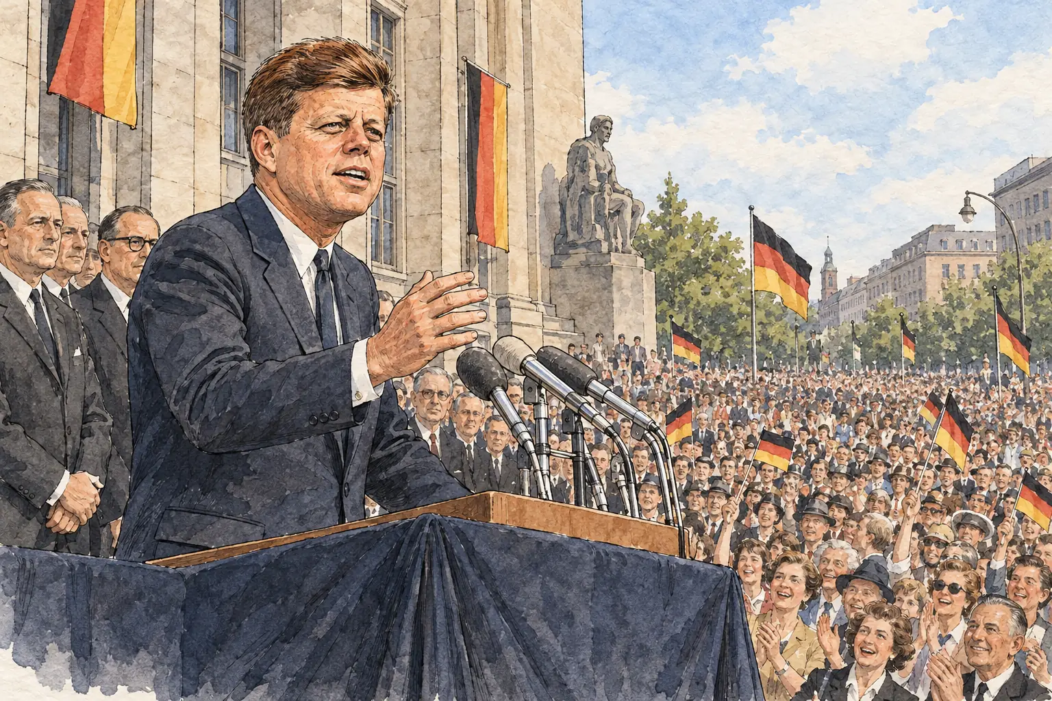 Kennedy spoke to a crowd of hundreds of thousands outside the Schöneberg town hall in West Berlin on 26 June 1963