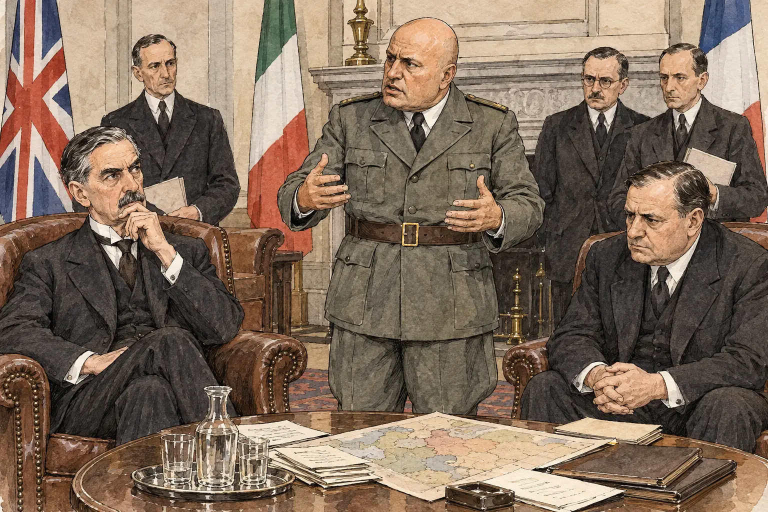 Chamberlain, Daladier and Mussolini at the Munich Conference on 29 September 1938, to which Czechoslovakia was not invited