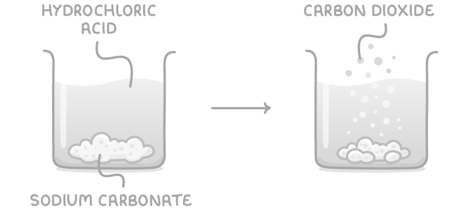 A beaker labelled hydrochloric acid holds white powder labelled sodium carbonate, and an arrow leads to the same beaker fizzing with bubbles labelled carbon dioxide, the powder now smaller.