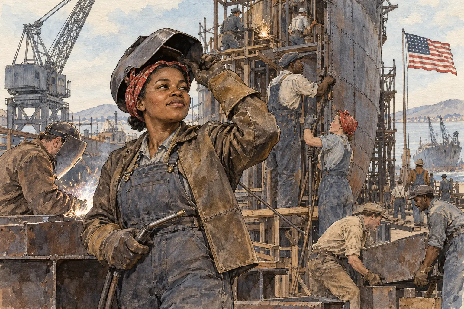 Labour shortages opened skilled jobs in shipyards and defence factories to African American men and women, many of whom moved from the South to cities in the North and West.