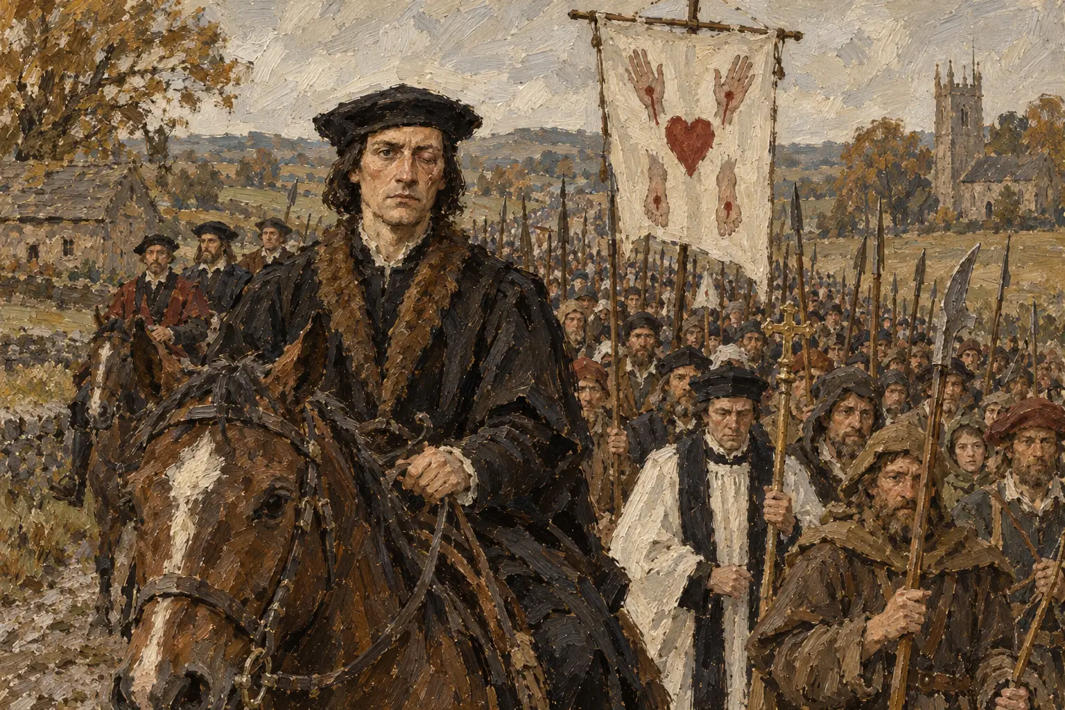 Robert Aske led thousands of pilgrims marching under the banner of the Five Wounds of Christ, presenting the rising as a loyal pilgrimage rather than a rebellion.