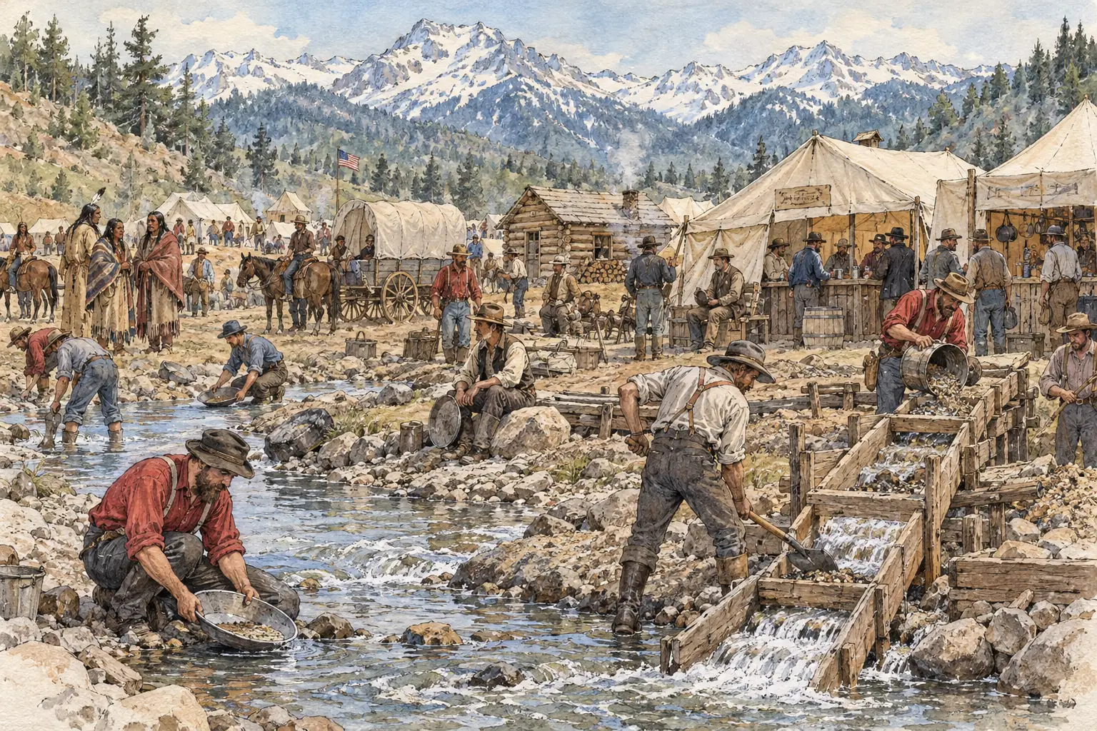 The Pike's Peak Gold Rush brought thousands of prospectors to camps at the foot of the Rockies, one of which grew into Denver.