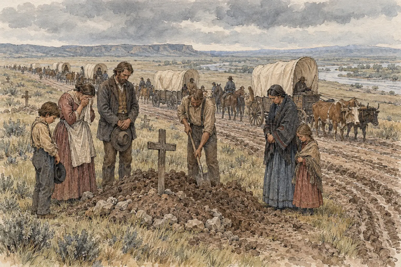 A burial beside the trail, as cholera killed far more migrants than attacks did