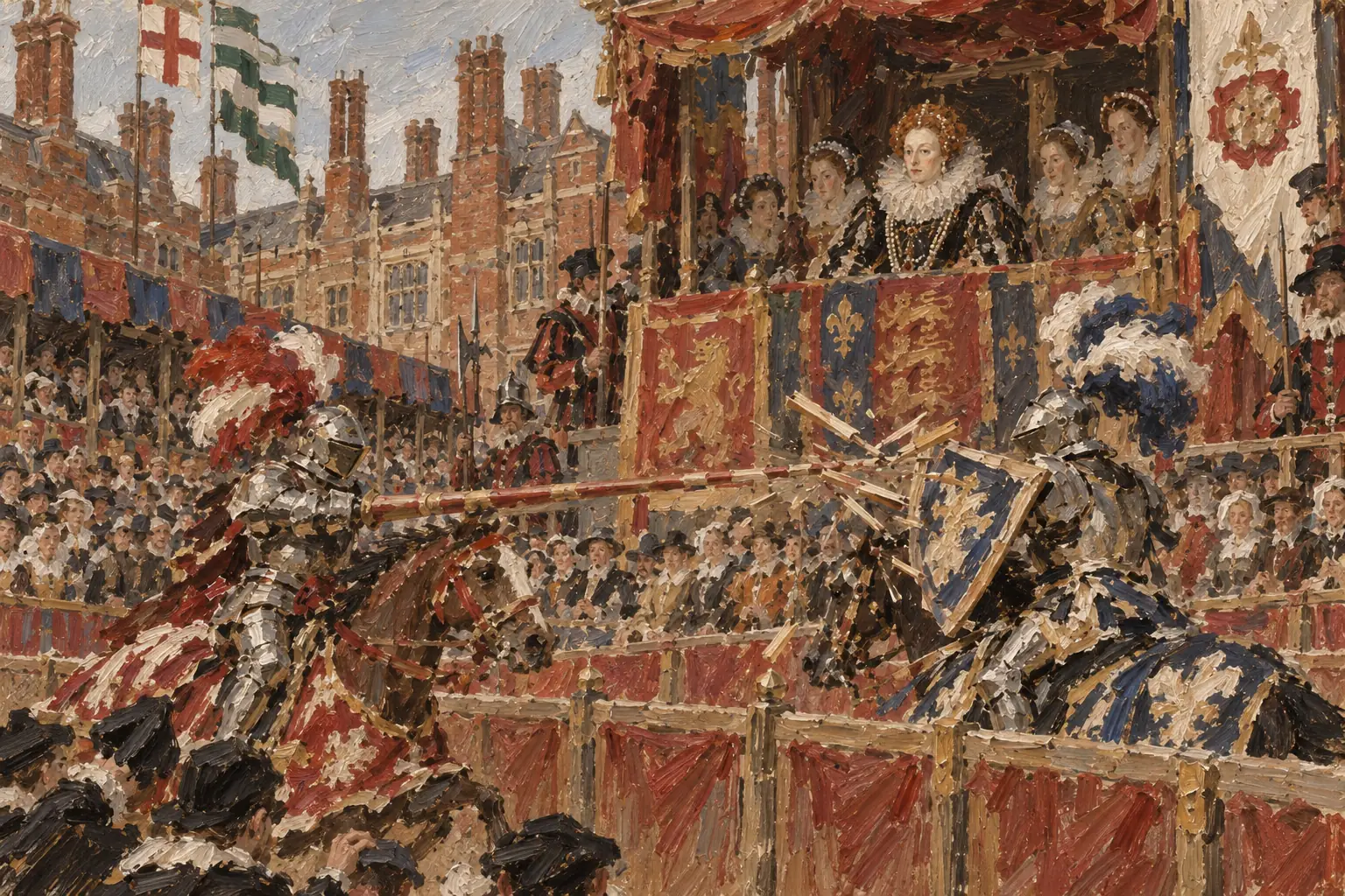 Jousting tournaments were a court spectacle in which nobles showed off their skill on horseback in front of the queen.