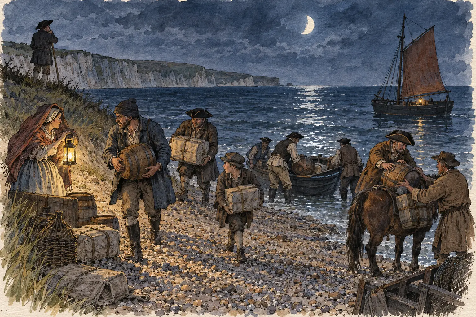 Smugglers brought in tea and spirits to avoid high taxes, and local people often helped them, so smuggling was seen as a social crime