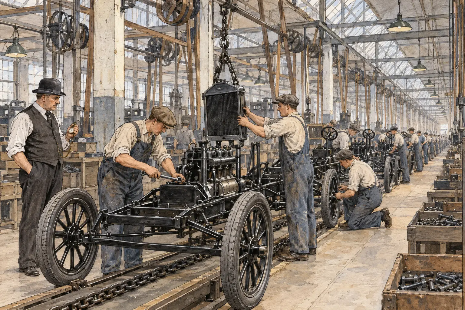 Ford's moving assembly line at Highland Park, introduced in 1913, brought each car to the workers, and each worker repeated one task on every chassis.