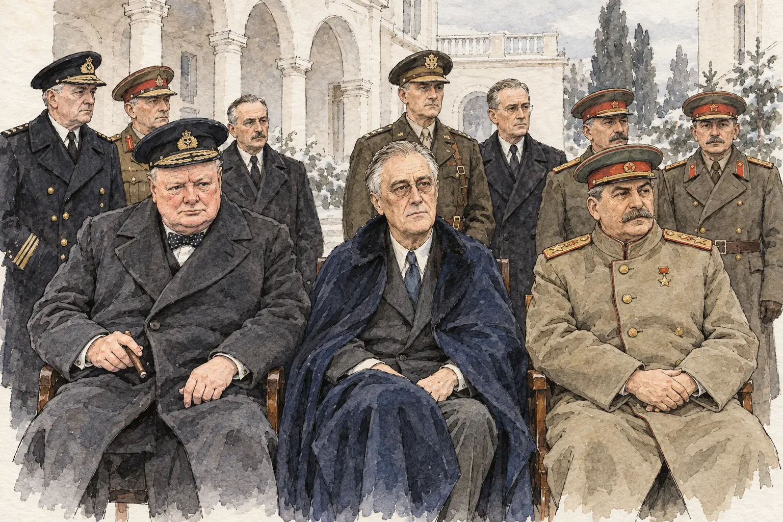 Churchill, Roosevelt and Stalin met at Yalta in the Crimea in February 1945, when Roosevelt was already seriously ill; he died two months later.
