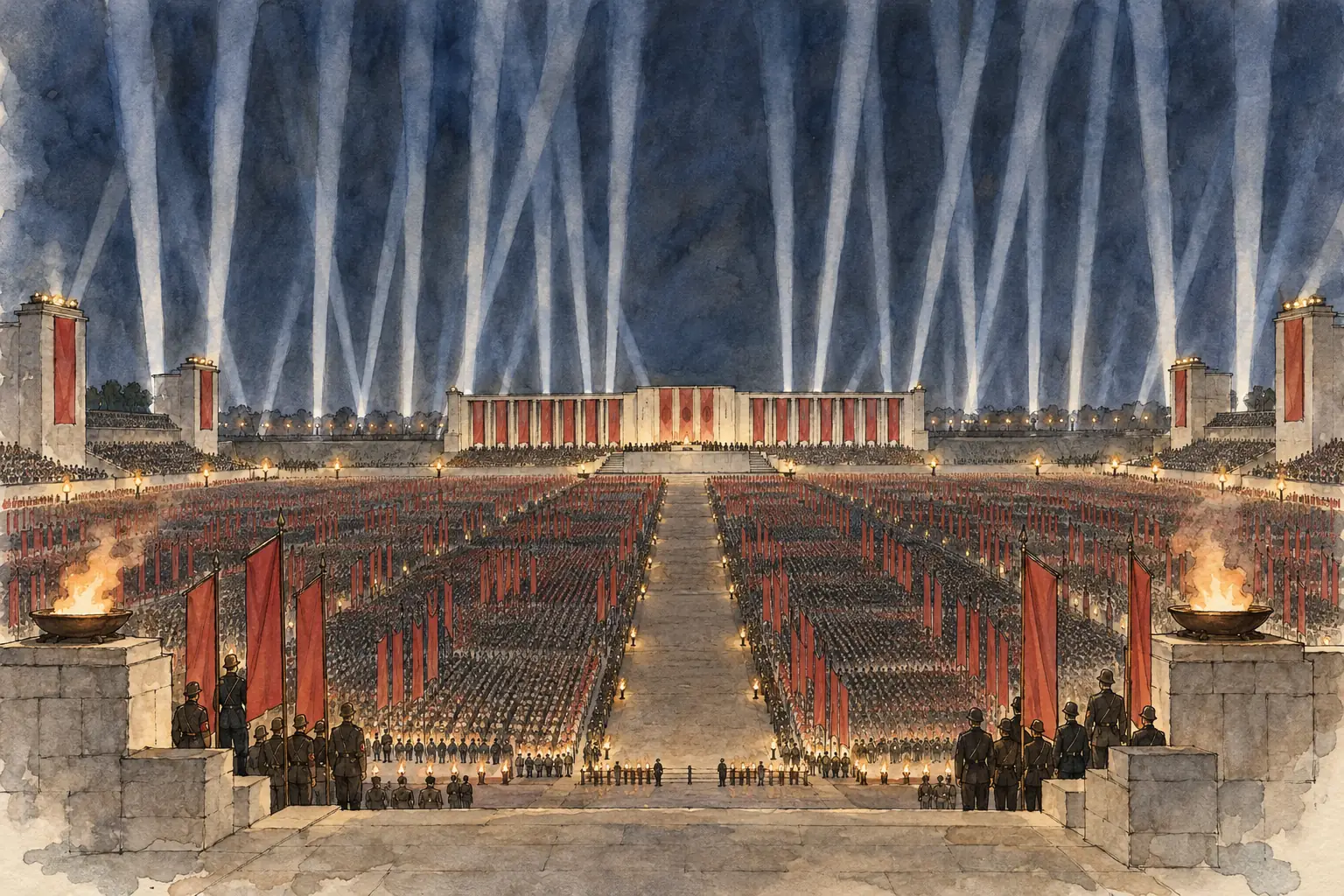 At the Nuremberg rallies searchlights and massed ranks created a sense of unity and power