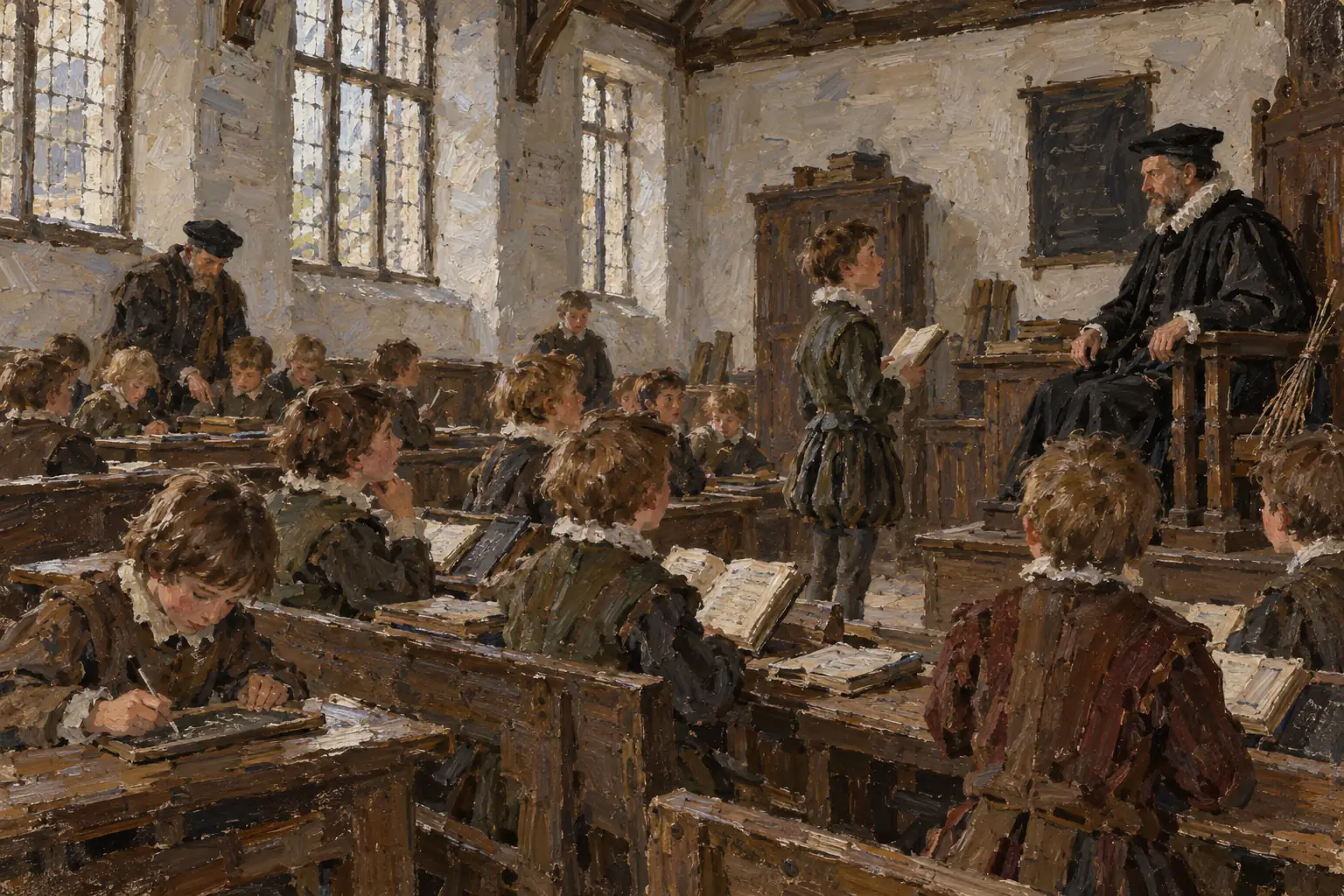 New grammar schools taught boys Latin and rhetoric, helping some rise in society
