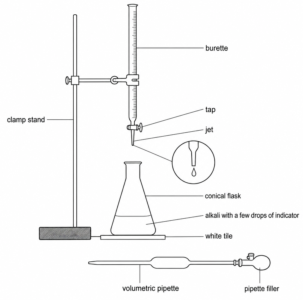 A burette clamped in a stand above a conical flask on a white tile, labelled burette, tap, jet, and alkali with a few drops of indicator, with a volumetric pipette and pipette filler below.