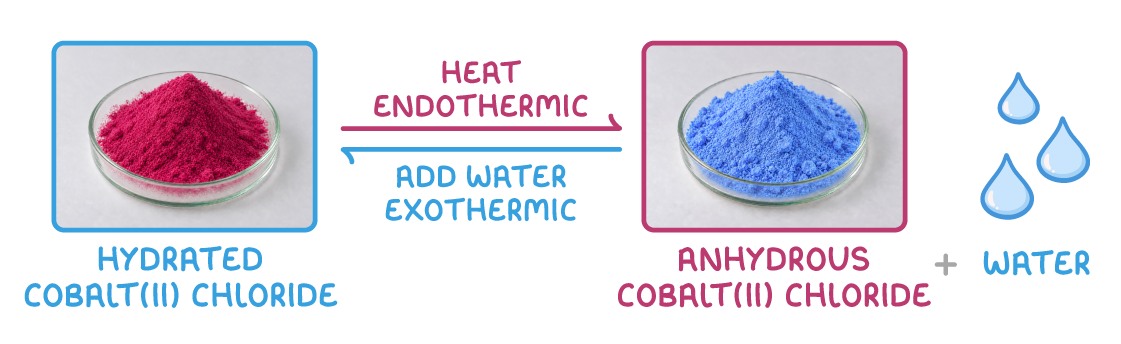 Photographs of two dishes: pink powder labelled "hydrated cobalt(II) chloride" and blue powder labelled "anhydrous cobalt(II) chloride", linked by a right arrow "heat endothermic" and a left arrow "add water exothermic", with water drops.