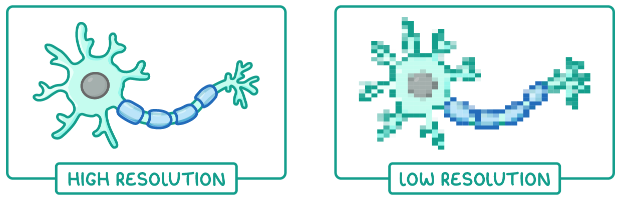Two boxed panels of the same nerve cell, the left one with smooth clear outlines and labelled high resolution, the right one blocky and pixelated and labelled low resolution.