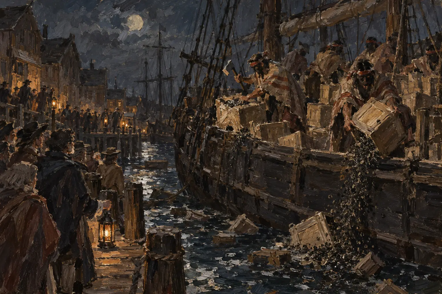 In December 1773 colonists disguised as Mohawks dumped 342 chests of tea into Boston Harbour