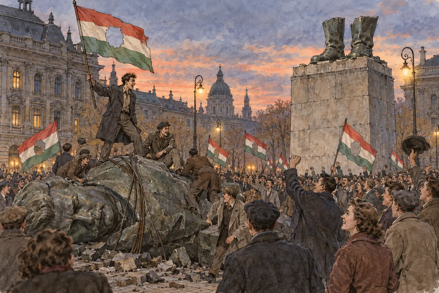 On 23 October 1956 protesters in Budapest pulled down the giant statue of Stalin and cut the communist emblem out of Hungarian flags.