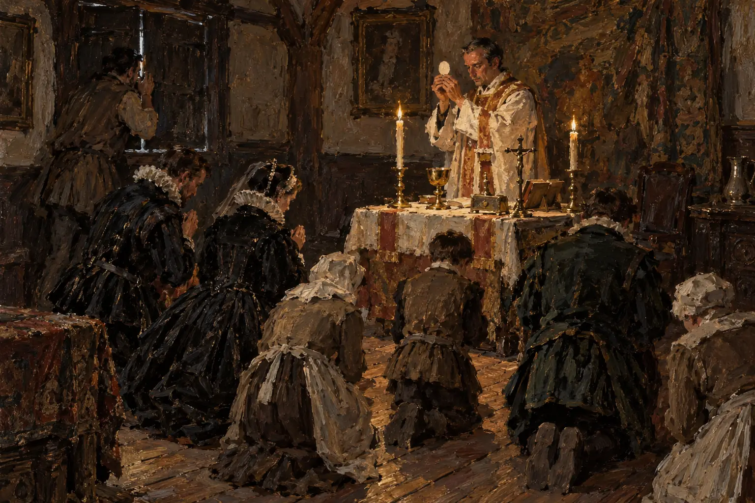 Jesuit priests such as Edmund Campion said Mass in secret in Catholic households; Campion was captured in 1581 and executed for treason.