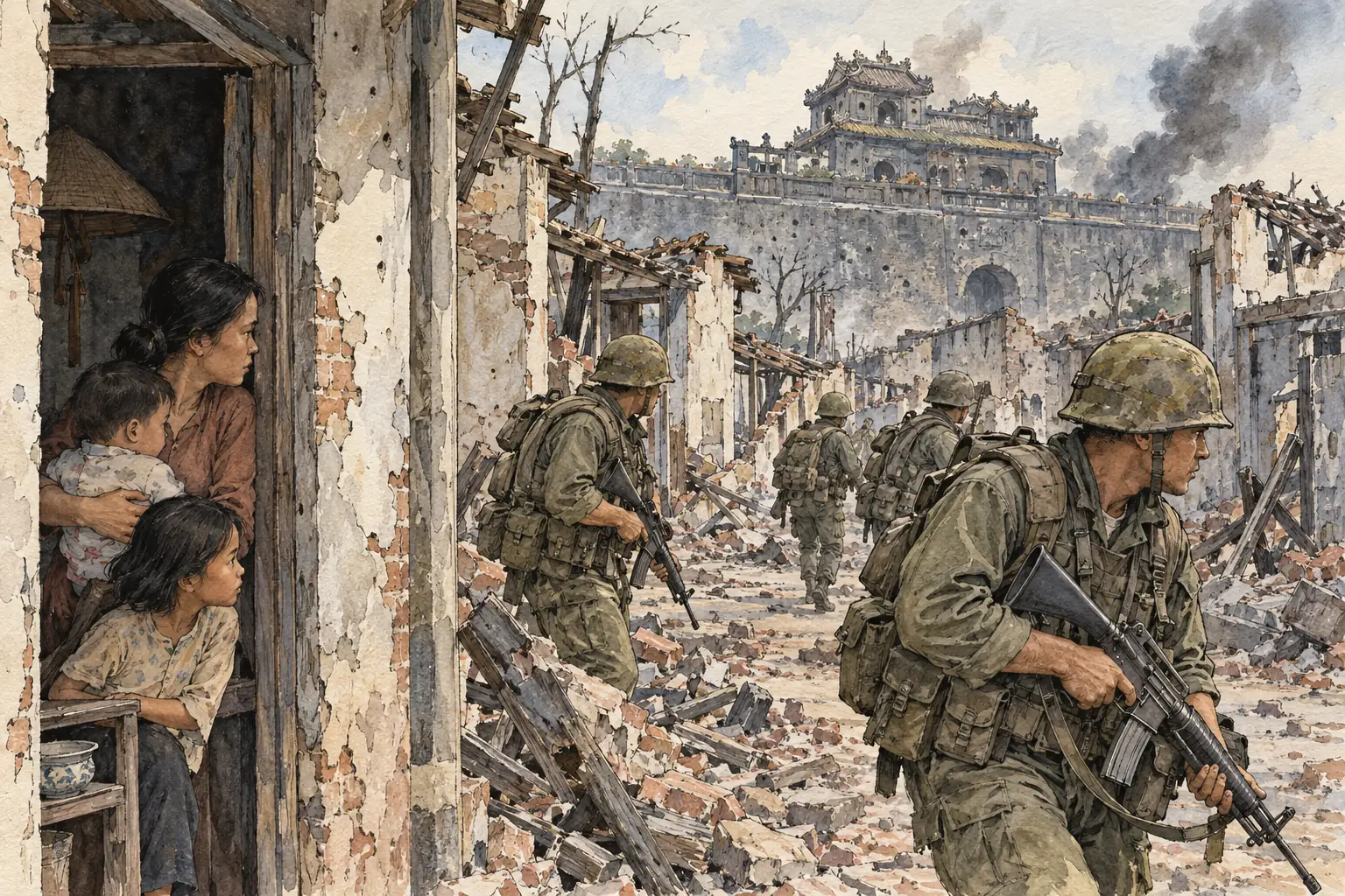 US Marines and South Vietnamese troops needed more than three weeks of house-to-house fighting to recapture Hue
