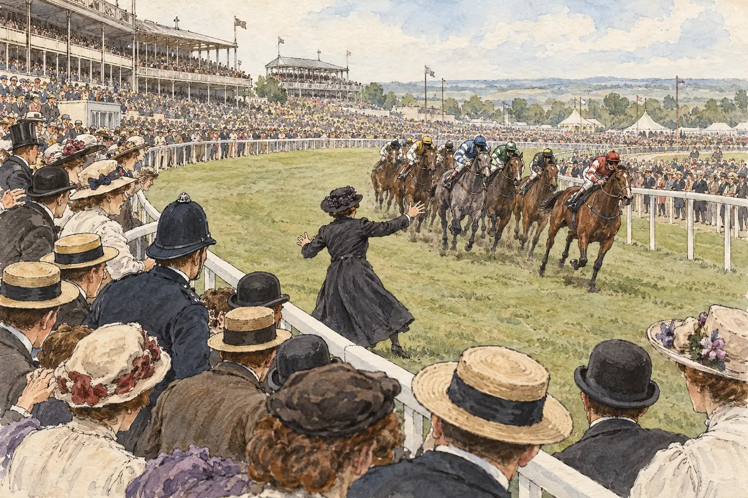 At the 1913 Derby Emily Davison stepped out in front of the king's horse, and died of her injuries four days later