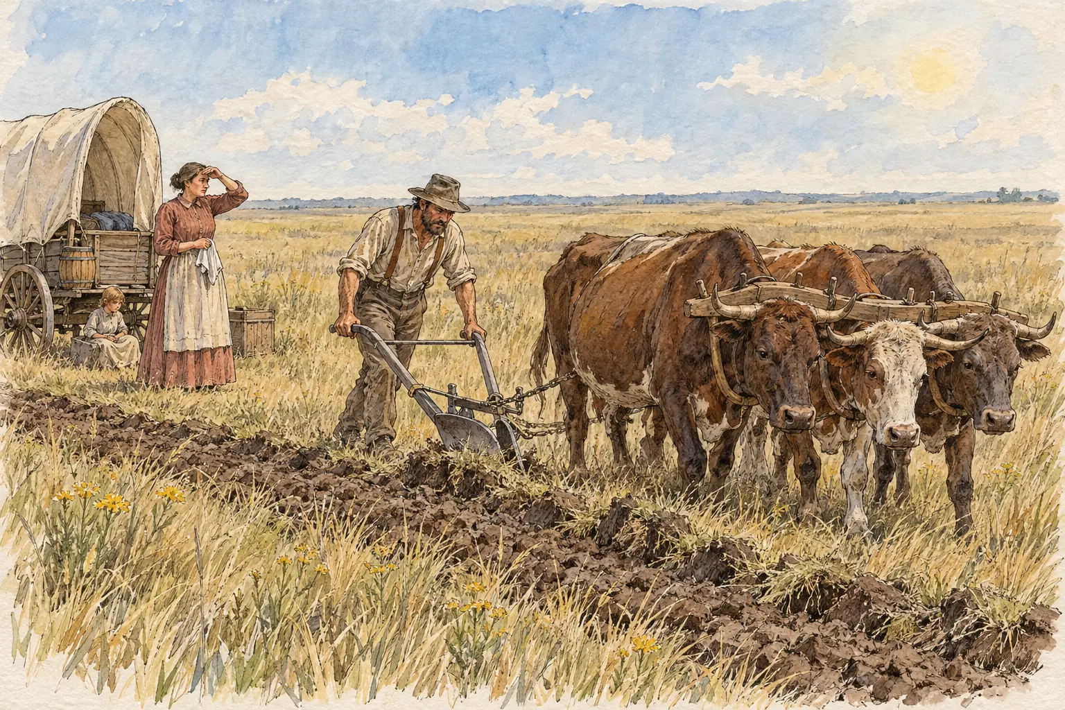 The thick, root-matted sod of the Plains was very hard to break with the simple ploughs the early settlers had.