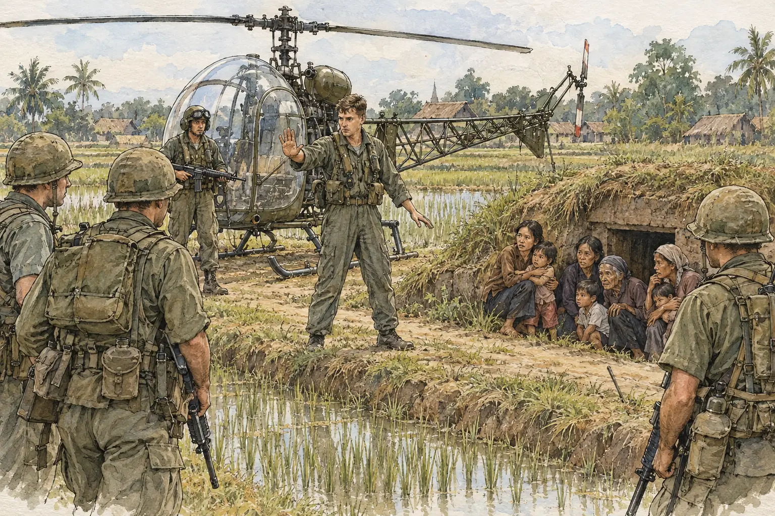 Helicopter pilot Hugh Thompson landed between US soldiers and a group of villagers sheltering in a bunker at My Lai, and had the villagers flown to safety.