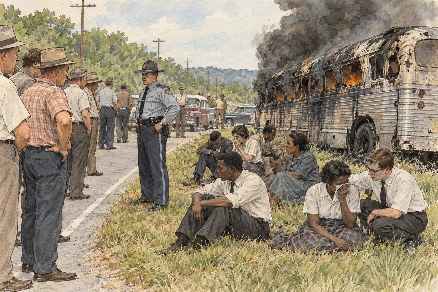 In May 1961 a white mob firebombed a Freedom Riders' bus outside Anniston, Alabama