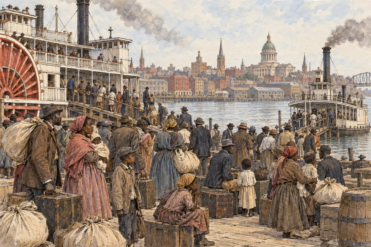 In 1879 thousands of African Americans travelled up the Mississippi to St Louis on their way to Kansas, and became known as Exodusters.