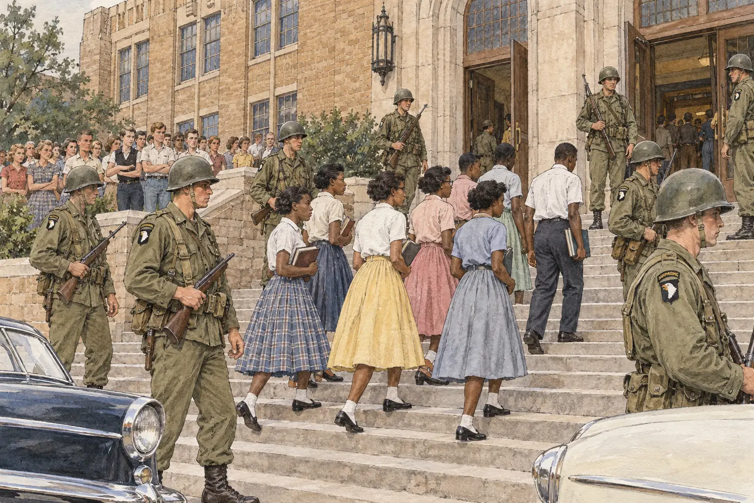 The next day soldiers of the 101st Airborne Division escorted the Little Rock Nine into Central High