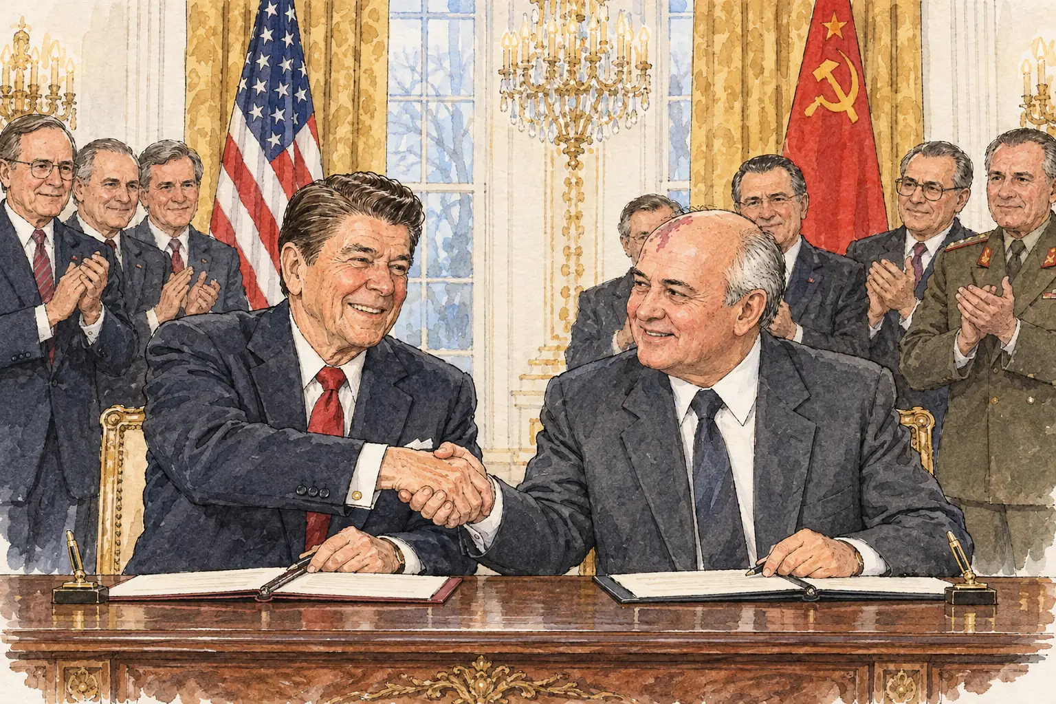 Reagan and Gorbachev signed the INF Treaty in the East Room of the White House on 8 December 1987.