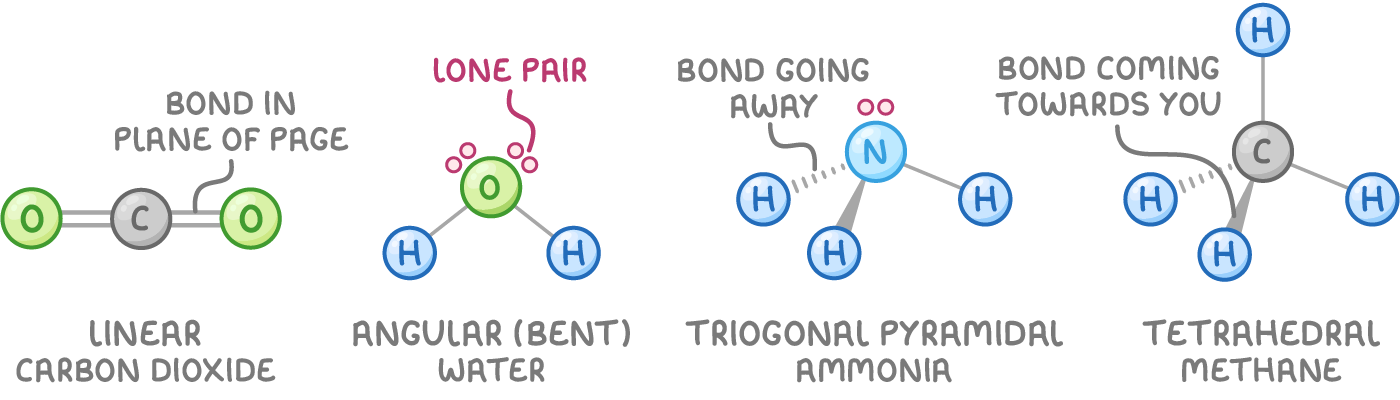 Ball models labelled linear carbon dioxide, angular (bent) water with two lone pairs, trigonal pyramidal ammonia, and tetrahedral methane, with bonds marked in plane of page, going away, and coming towards you.