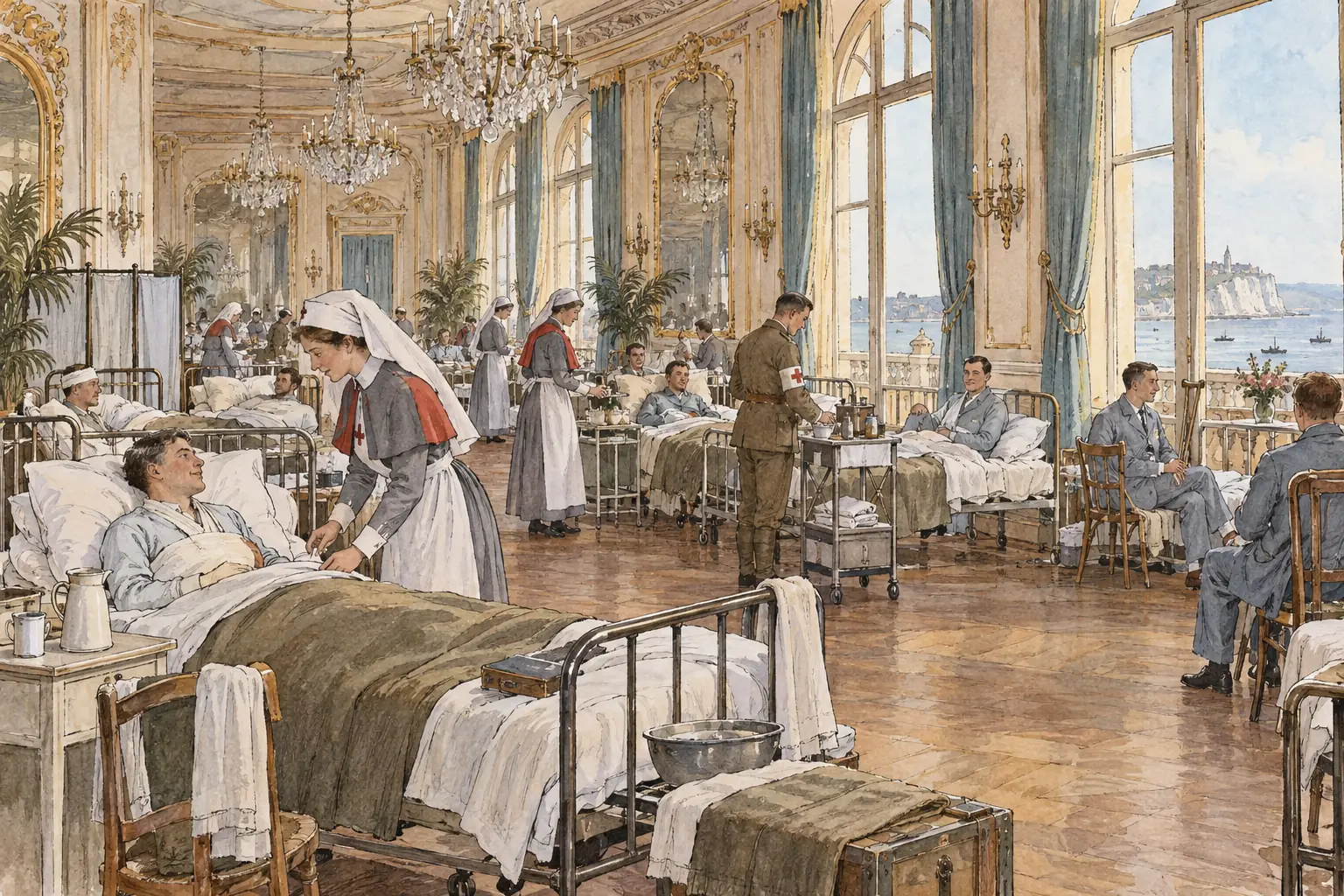 Base hospitals in coastal towns, often in hotels, gave longer-term care