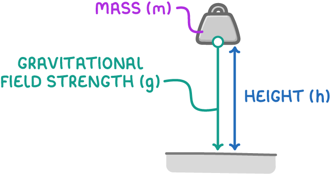 A weight suspended above a grey base, with the weight marked mass (m), a blue double-headed arrow marked height (h), and a green arrow down to the base marked gravitational field strength (g).