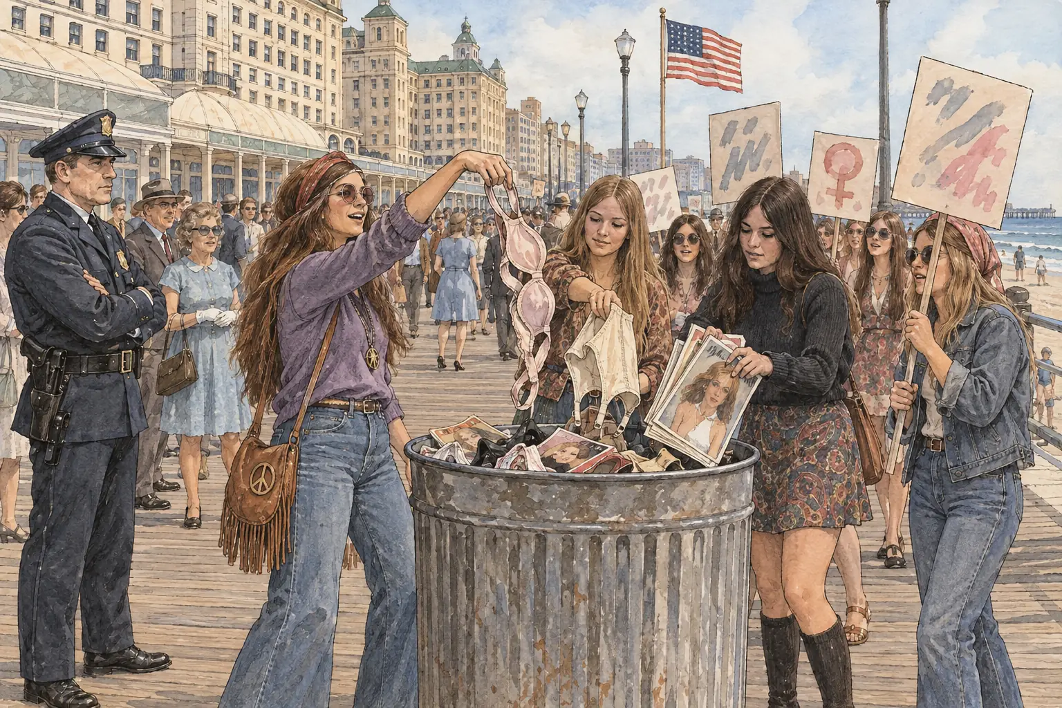 In September 1968 women's liberation protesters threw bras, girdles and curlers into a 'Freedom Trash Can' outside the Miss America pageant