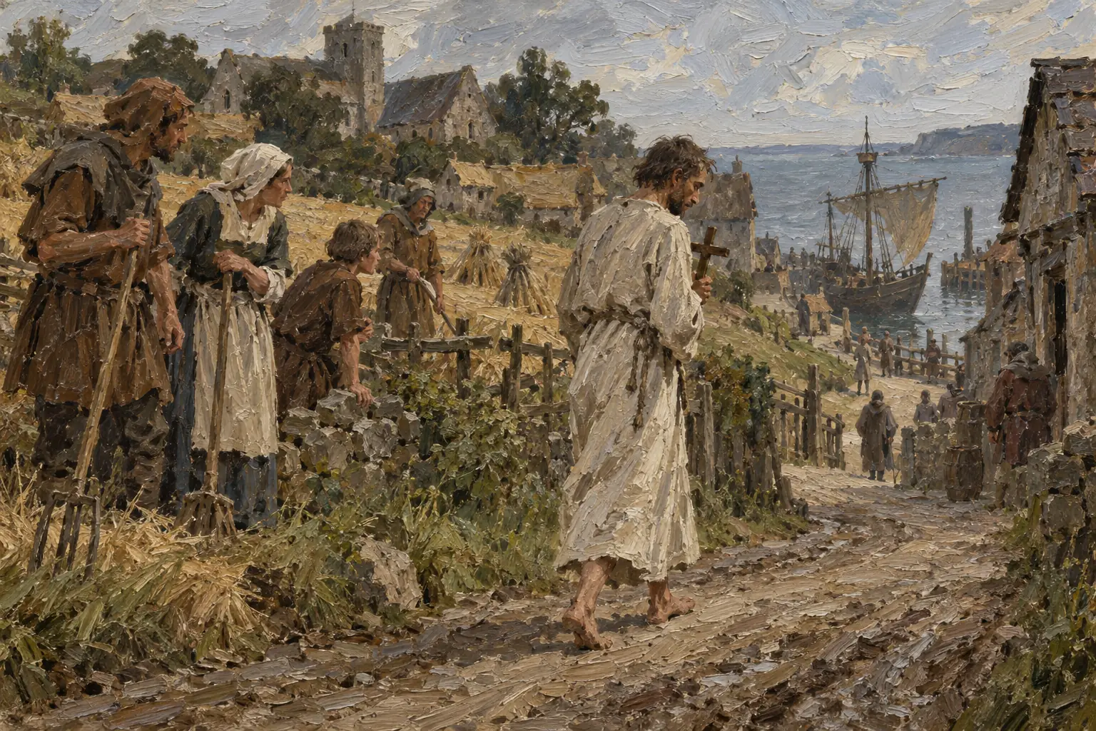A man who has confessed walks to the port to leave England for ever