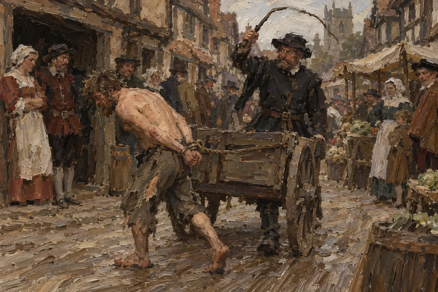 Tudor laws punished vagabonds, people wandering without work, with whipping, branding or hard labour.