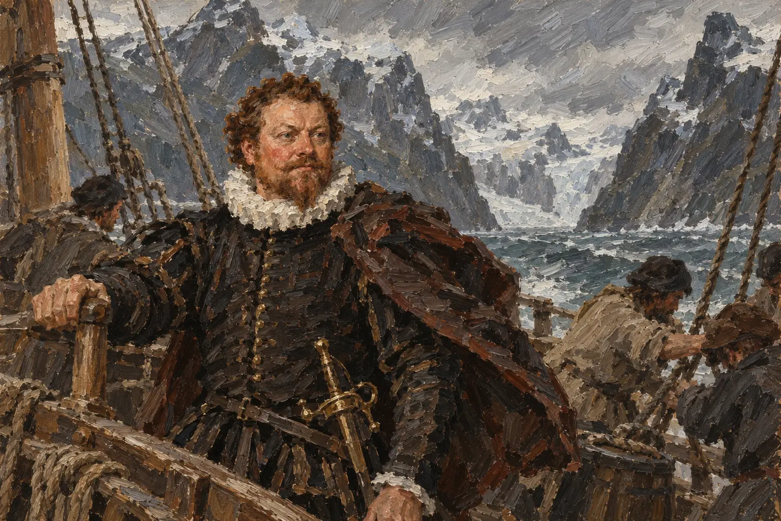 On his voyage round the world, Drake sailed through the Straits of Magellan and raided Spanish ports and ships along the Pacific coast of Chile and Peru.