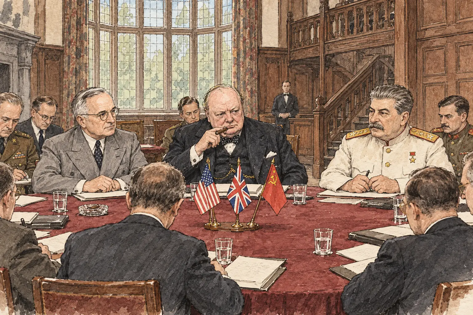 The Potsdam Conference opened on 17 July 1945 with Truman, Churchill and Stalin, and Attlee took Churchill's place part-way through after Labour won the general election.