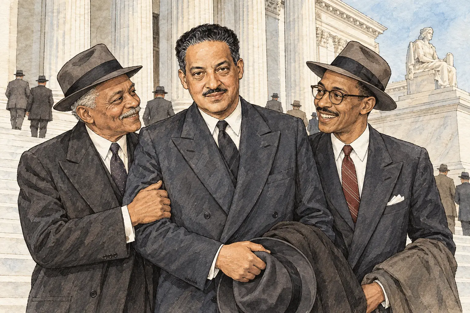 The NAACP lawyers George Hayes, Thurgood Marshall and James Nabrit celebrated the ruling outside the Supreme Court on 17 May 1954.