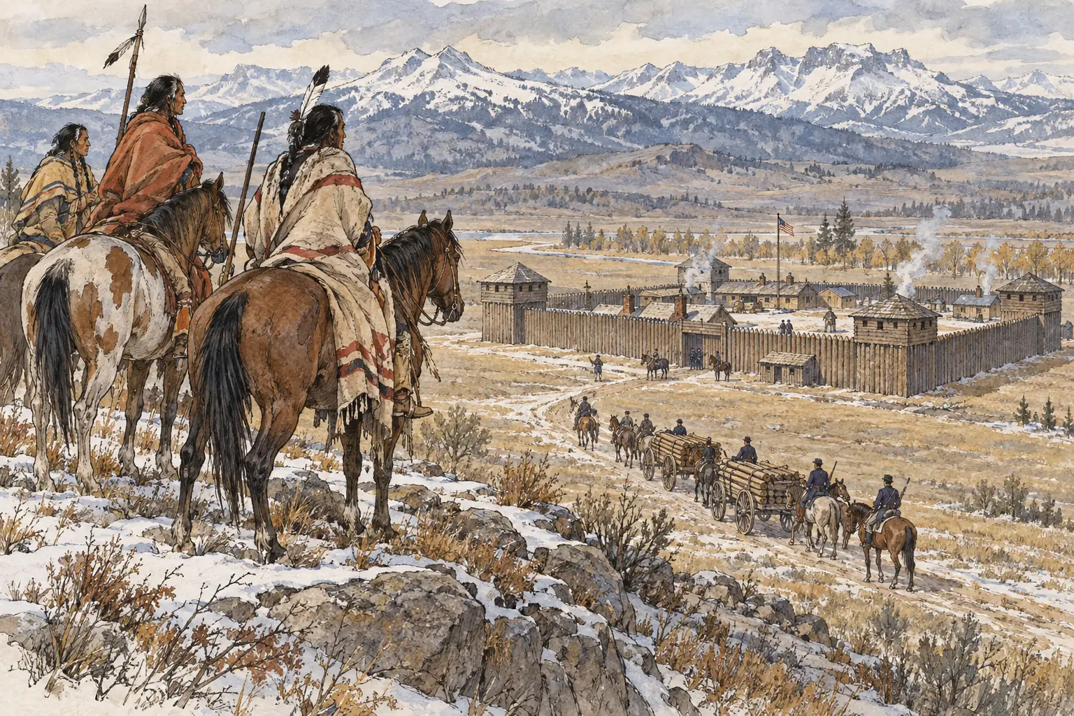 Fort Phil Kearny, one of the forts built to guard the Bozeman Trail, was watched and harassed by Lakota warriors