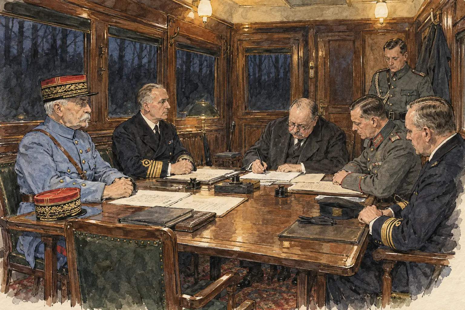 German delegates signed the armistice in Marshal Foch's railway carriage in the Forest of Compiègne in the early hours of 11 November 1918