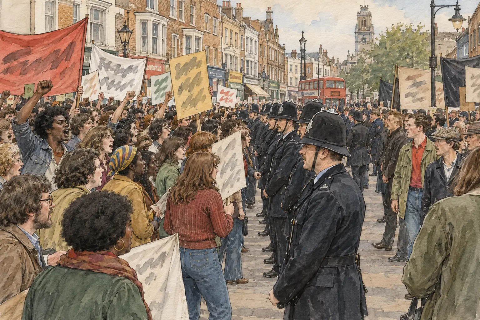 In August 1977 thousands of local people and anti-racist campaigners blocked a National Front march in Lewisham.