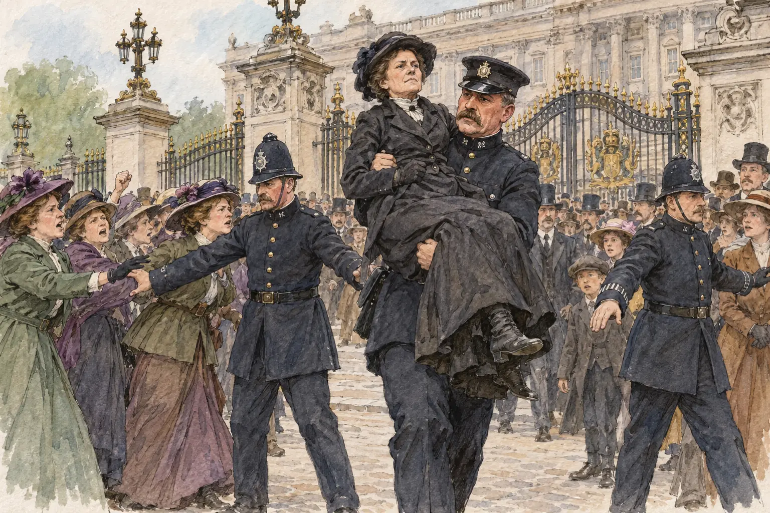 Emmeline Pankhurst was arrested many times; in May 1914 a police inspector carried her away from the gates of Buckingham Palace, where she had tried to petition the king.