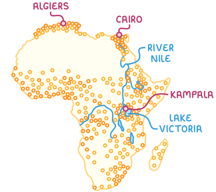 Map of Africa with dots showing where people live. The dots crowd along the north coast, along the River Nile, around Lake Victoria and across the west and south, and there are almost none across the Sahara. Algiers, Cairo and Kampala are labelled.