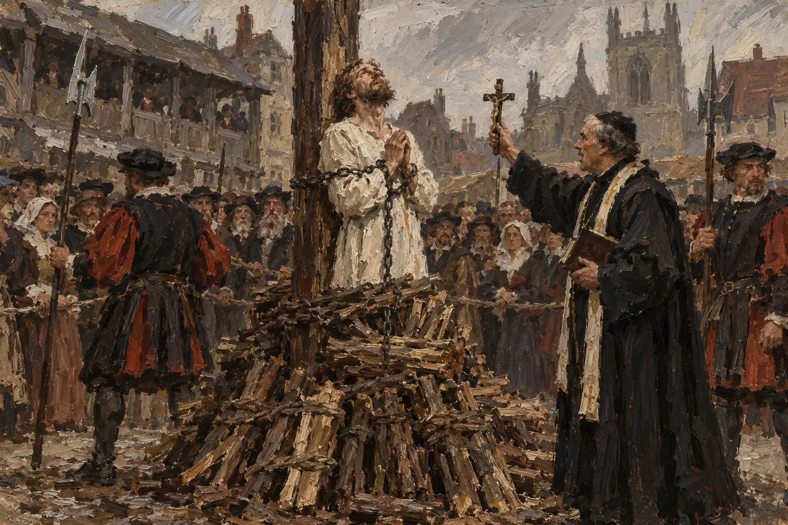Heretics could be burned at the stake, and under Mary I hundreds of Protestants were burned, many of them at Smithfield in London.
