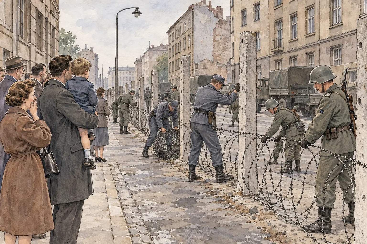 East German troops and militia strung barbed wire across Berlin overnight on 12-13 August 1961.