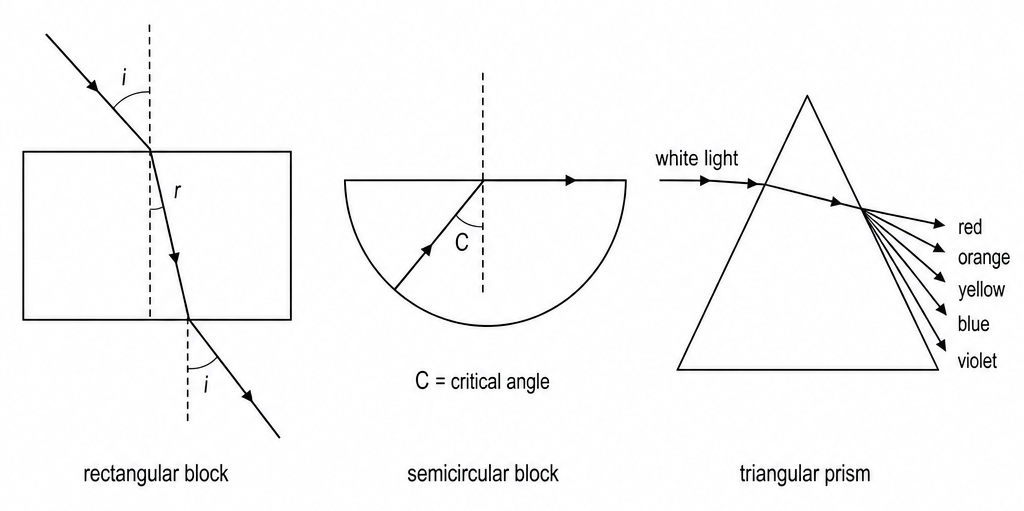Three drawings, rectangular block, semicircular block and triangular prism: a ray bent at angles i and r, a ray grazing the straight edge at angle C, and white light split from red to violet.