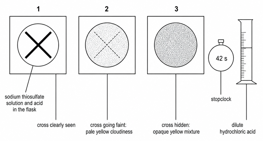 The black cross seen down through the flask in three stages: clear at first, faint through pale yellow cloudiness, then hidden by an opaque yellow mixture, with a stopclock reading 42 s alongside.