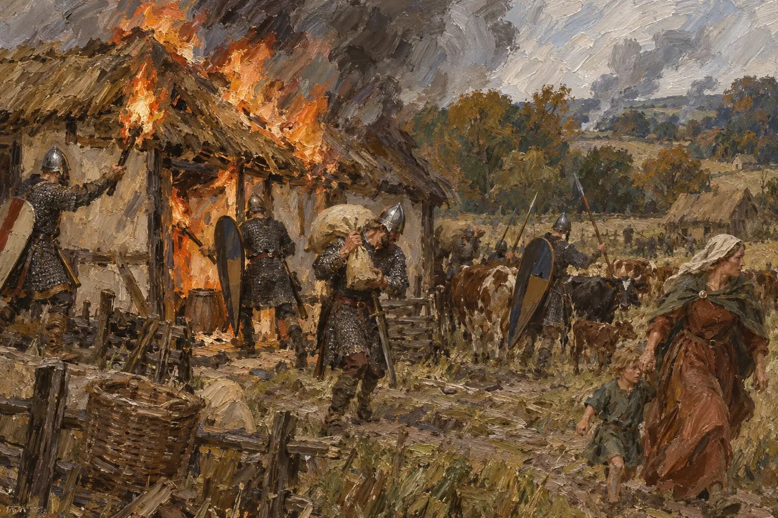 William's troops raided and burned farms in Sussex, part of Harold's own earldom, to provoke him into a quick battle.